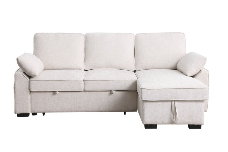 Marcello 91"W Beige Chenille Fabric Reversible Sleeper Sectional With Storage Chaise, Drop Down Table, Cup Holders And Charging Ports