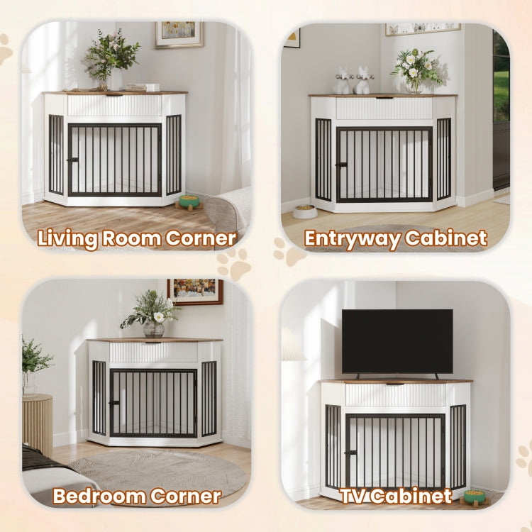 44.6'' Corner Mdf Dog Crate Furniture For Small Medium Dogs, Decorative Dog Kennel End Table With Fluted Drawer Storage, Modern Space Saving Dog Cage Cabinet For Home D Cor Indoor White
