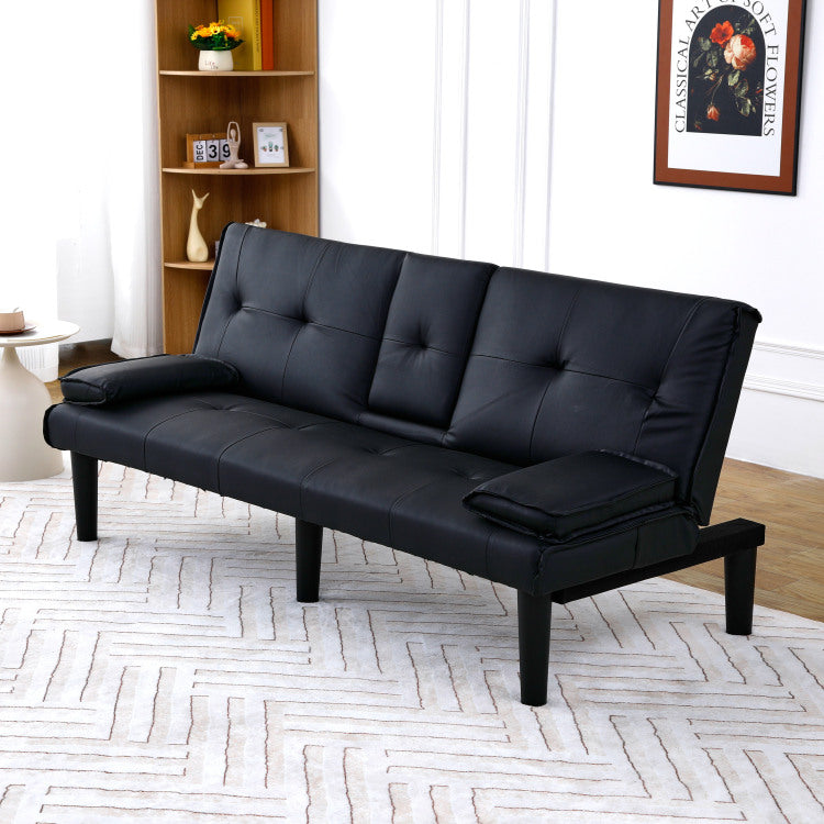 The 67 Inch Black Pvc Multi Functional Sofa Bed With A Foldable And Cup Holder Design Makes It Extremely Convenient To Turn The Living Room Into A Guest Room