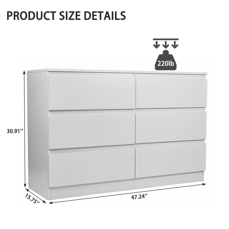 6 Drawer White Dresser, Modern Dresser For Bedroom With Spacious Countertop, Wood Storage Cabinet With Concealed Handles & 6 Deep Drawers For Bedroom, Living Room, Entryway, 15.7" D X 47.2" W X