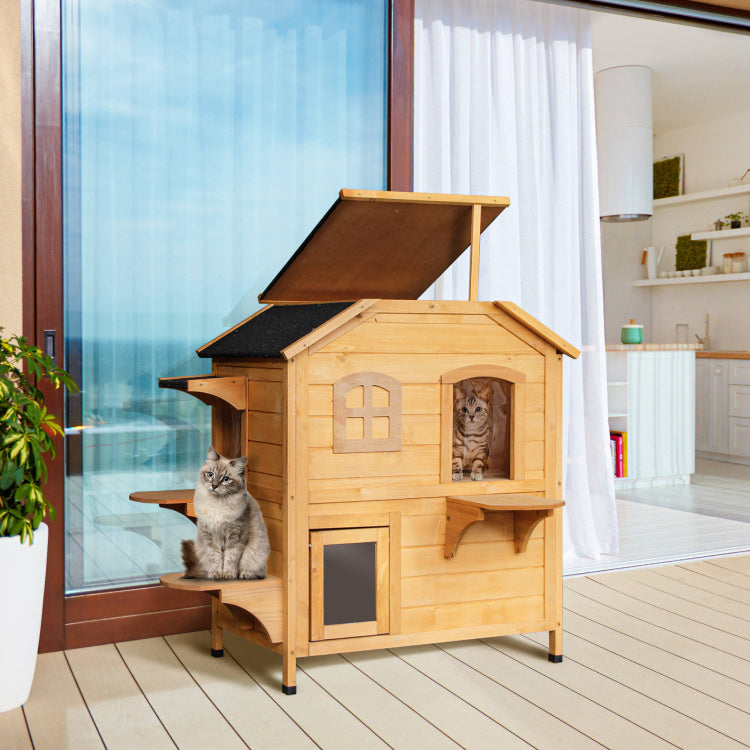 Pawhut 2 Story Cat House Outdoor, Weatherproof Wooden Cat Enclosure For Feral Cats With Escape Door, Openable Roof, Jumping Platforms, Natural