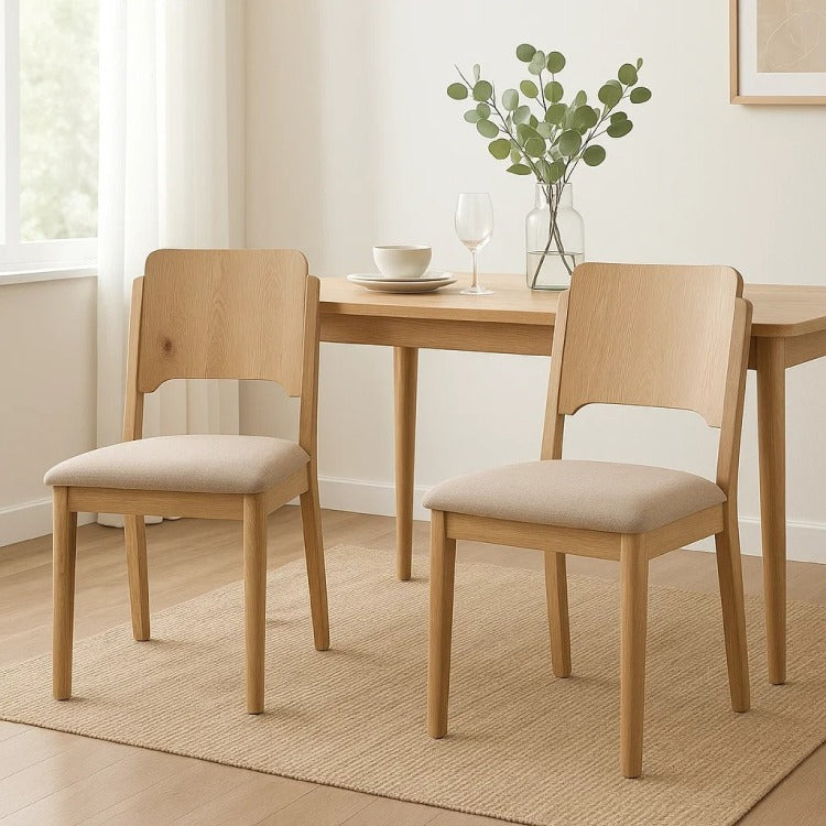 Aruk Dining Chair Set Of 2, Khaki Padded Fabric Seat, Brown Wood Legs