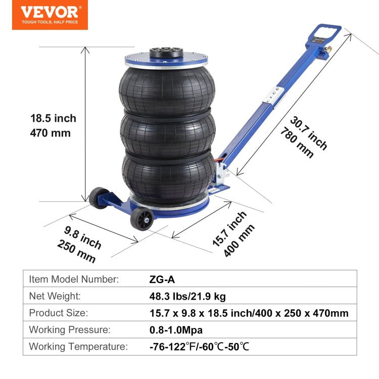 Air Jack, 5 Ton 11000 Lbs Triple Bag Air Jack, Airbag Jack With Six Steel Pipes, Lift Up To 18.5 Inch 470 Mm, 3 5 S Fast Lifting Pneumatic Jack, With Adjustable Handle For Car, Garage, Repair