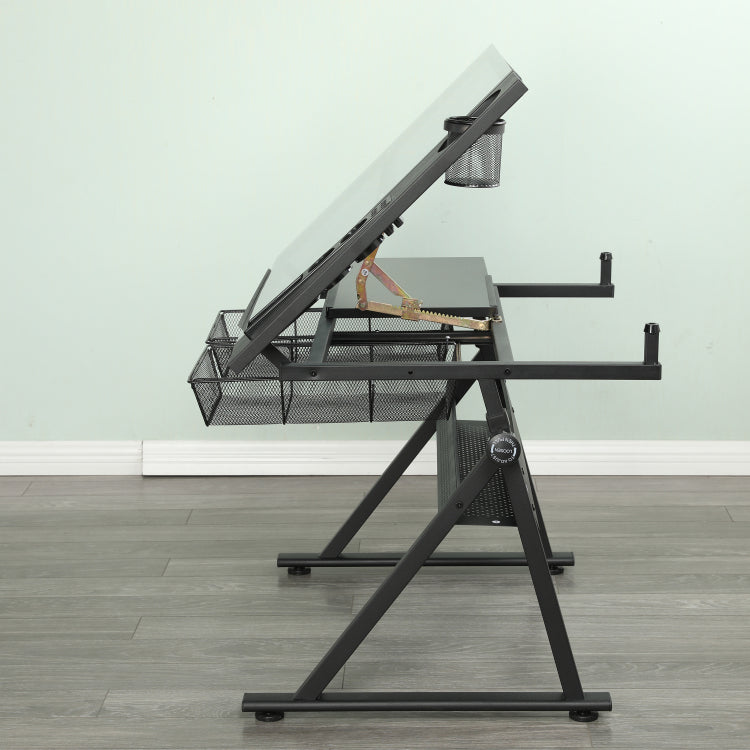 Drafting Table, 0 75 Adjustable Glass Top Artist Table Height Adjustable Drafting Desk With Large Storage For Painting & Crafting Ideal For Designers And Art Students Black