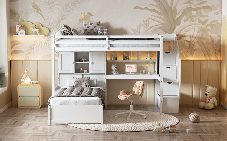 Twin Over Twin Loft Bed With Built In Desk And Staircase, With Storage Compartments And Shelves, White