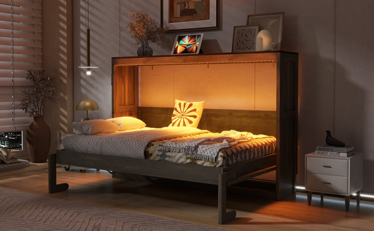 Twin Size Murphy Bed With Led Light,Can Be Folded Into A Cabinet,Hidden Wall Bed Cabinet,Brown
