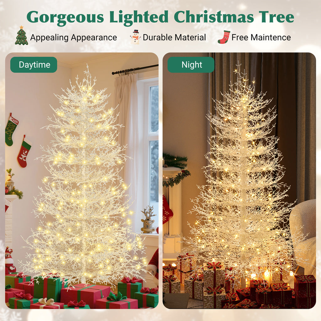 6Ft Pre Lit Aspen Fir Artificial Christmas Tree, Hinged Xmas Tree 623 Snow Flocked Branch Tips, 420 Warm White Led Lights, Holiday Coral Christmas Tree For Home Party