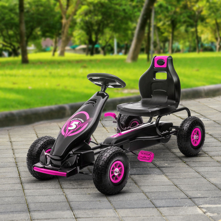 Aosom Kids Pedal Go Kart Ride On Toy With Ergonomic Comfort, Pedal Car With Tough, Wear Resistant Tread, Go Cart Kids Car For Boys & Girls With Suspension System, Safety Hand Brake, Ages 5 12, Pink