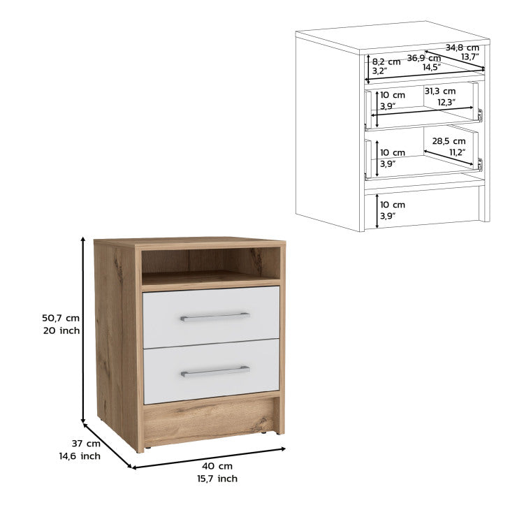 Nightstand 20"H, Two Drawers, Superior Top, Metal Handles, White Light Oak