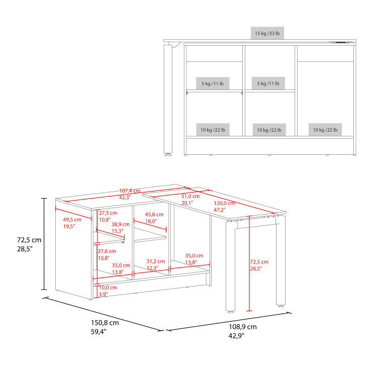 Alfie Rotable Desk 72 Inch Wide Or Compact, Adjustable Workstation In Two Directions With Storage Compartments, For Home Office Or Studio, White