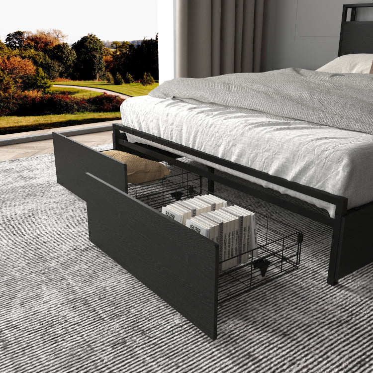 Full Bed Frame, Storage Headboard With Charging Station, Solid And Stable, Noise Free, No Box Spring Needed, Easy Assembly
