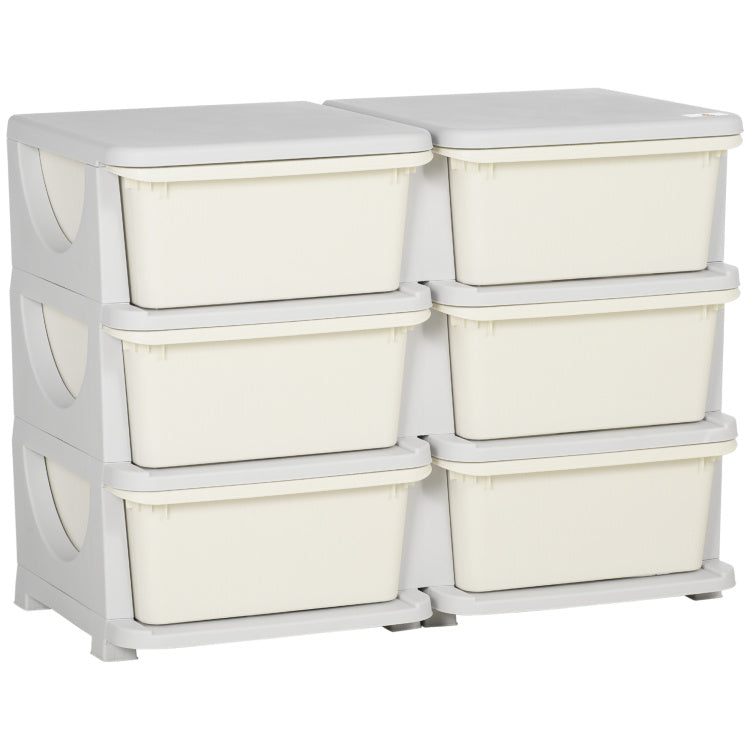 Qaba 3 Tier Kids Storage Unit, 6 Drawer Chest Toy Organizer Plastic Bins For Kids Bedroom Nursery Kindergarten Living Room For Boys Girls Toddlers, Cream
