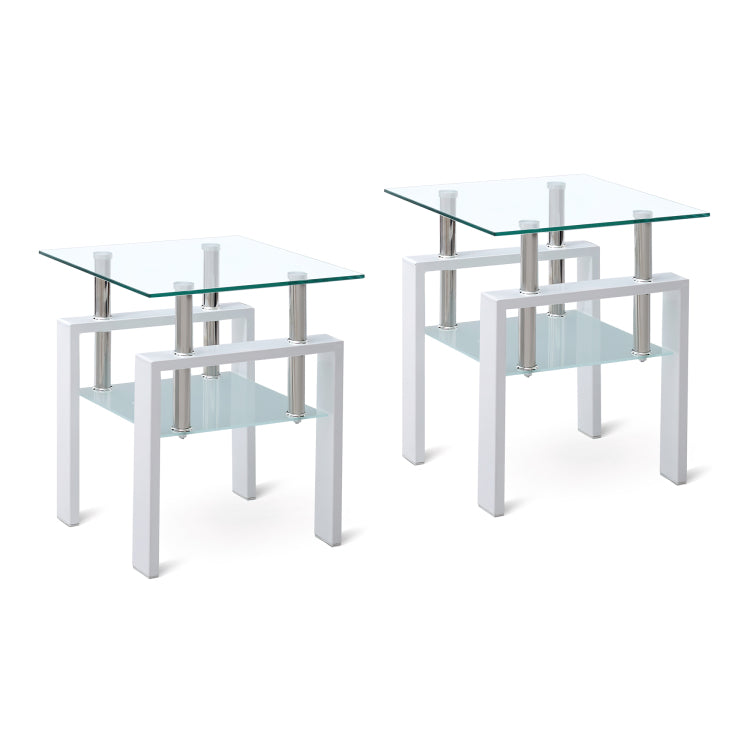 2 Pieces White Tempered Clear Glass End Table, 2 Layers Small Table With Storage, Living Room Side Table