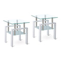 2 Pieces White Tempered Clear Glass End Table, 2 Layers Small Table With Storage, Living Room Side Table