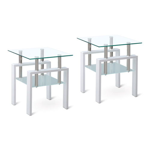 2 Pieces White Tempered Clear Glass End Table, 2 Layers Small Table With Storage, Living Room Side Table