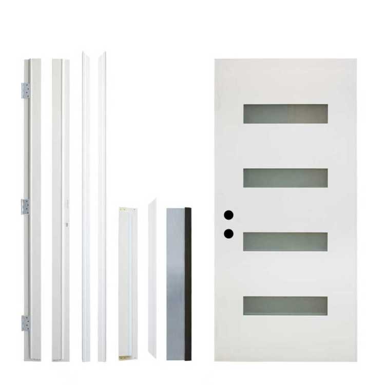 36 X 80 Fiberglass Entry Door, 4 Lite Frosted Glass Contemporary Style For Home'S Front Entrance, Right Hand Inswing, Packaging 4 9 16 Vinyl Frame, White Finish Knock Down Entry Door