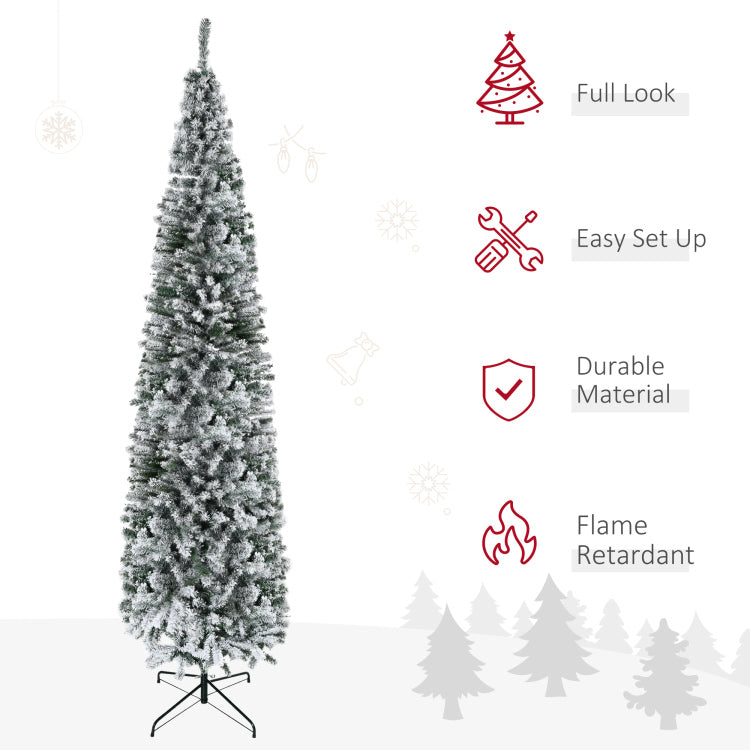Homcom 9' Tall Unlit Snow Flocked Slim Artificial Christmas Tree With Realistic Branches And 1014 Tips