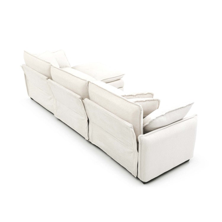 Mid Century Modern 3 Seater Sectional Sofa With 2 Arm Pillows And 3 Throw Pillows, Beige Corduroy Fabric