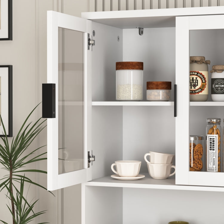 Tempered Glass Door Tall Storage Bookcase With Adjustable Board, 4 Doors Mdf Painting Finished Cabinet, White, Living Room Bedroom Storage