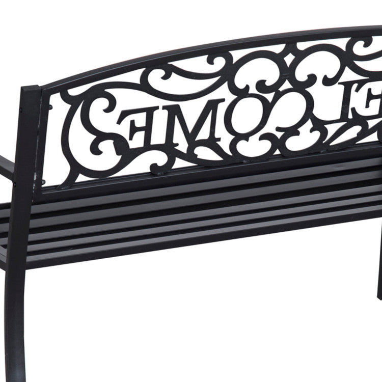 Outsunny 50" Outdoor Metal Welcome Bench, Garden Bench With Slatted Seat, Patio Bench For Park, Porch, Yard, Entryway, Black