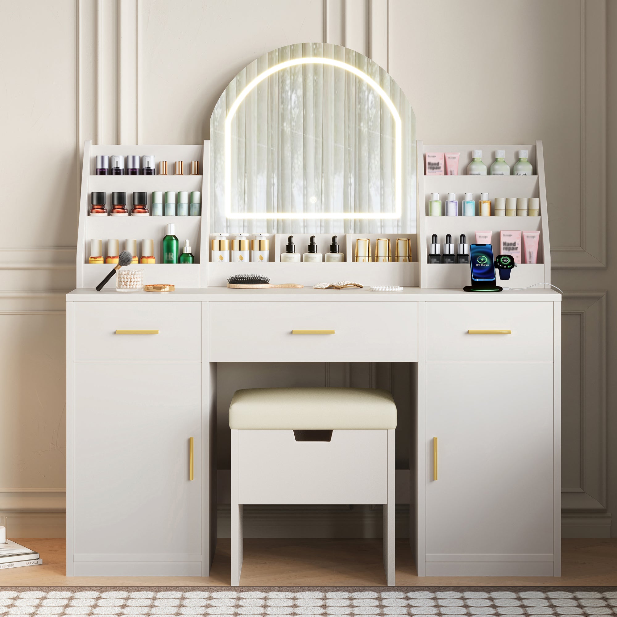 47.2" Makeup Vanity With Mirror And Light, Vanity Desk With Cushioned Storage Stool, Dressing Table With Two Organizers,3 Drawers And 2 Cabinets For Bedroom, White