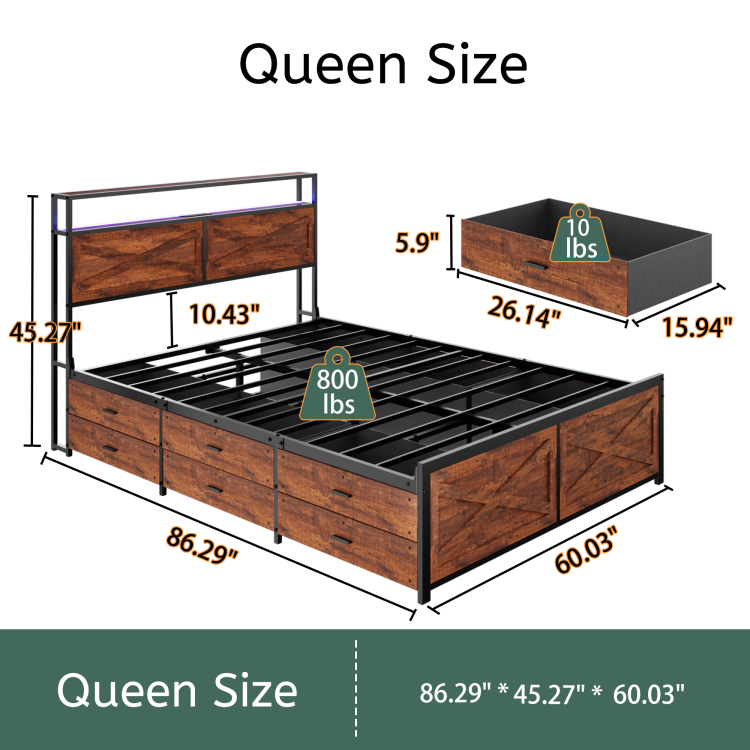 Queen Bed Frame With Storage Headboard And 12 Drawers Led Lights, Metal Platform Non Slip Without Noise Mattress Foundation Strong Metal Slats Support,No Box Spring Needed