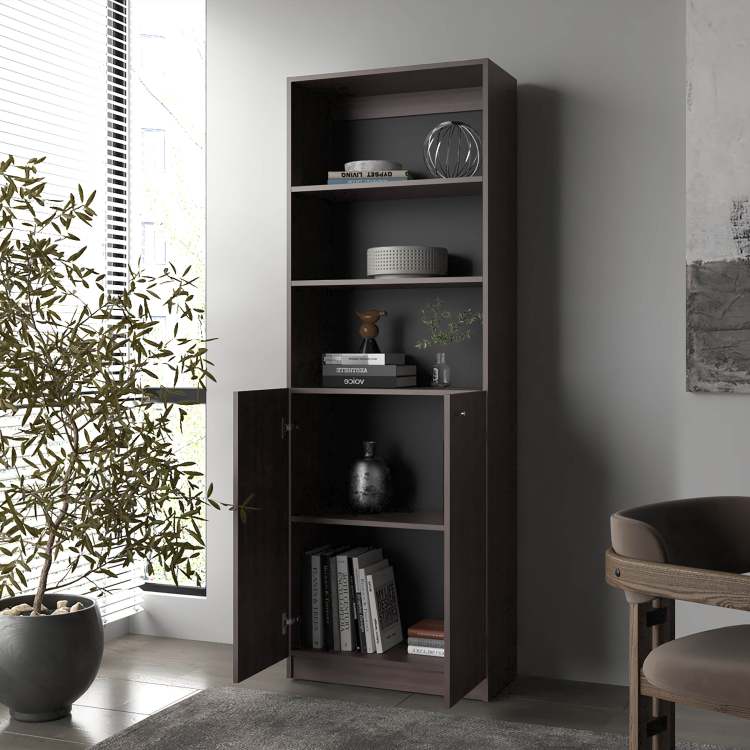 Stained Walnut Bookcase With Open Storage And 2 Doors