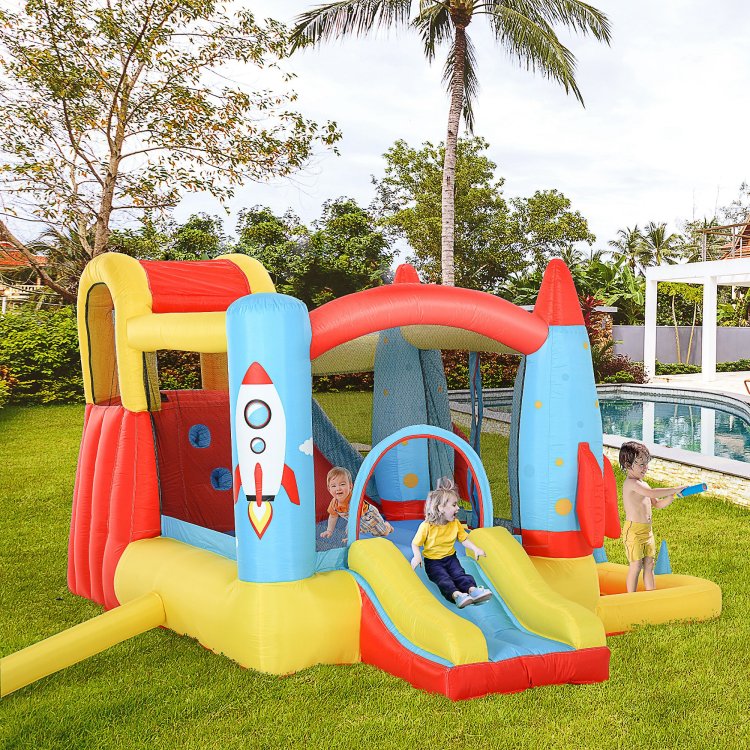 Outsunny Kids Inflatable Water Slide, 4 In 1 Bounce House Jumping Castle With 2 Slides, Climbing Wall, Trampoline, & Water Pool Area, Air Blower