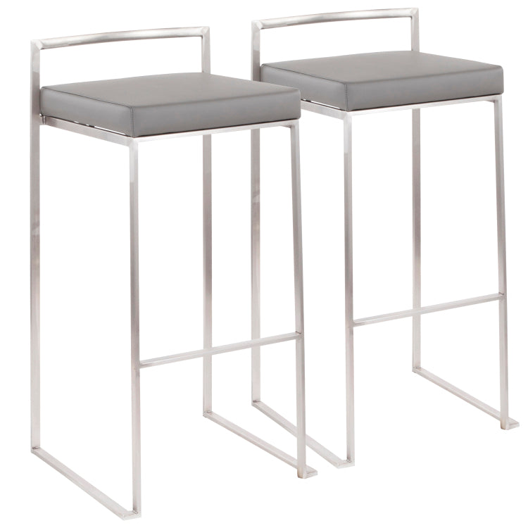 Contemporary Stackable Barstool In Stainless Steel With Grey Faux Leather Cushion Set Of 2