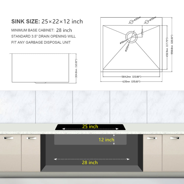 25"X22"X12" Stainless Steel Laundry Utility Sink Drop In Topmount 16 Gauge Deep Single Bowl Kitchen Sink Basin