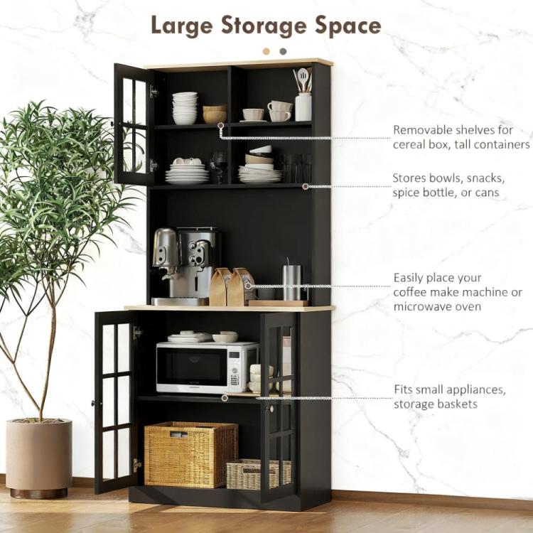 Freestanding Cabinet,Kitchen Pantry Storage Cabinet,Large Countertop, Glass Doors And Adjustable Shelves For Dining Room