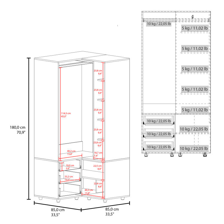 Toulouse Corner Armoire With Double Doors And Interior Shelves, Space Saving Wardrobe, White