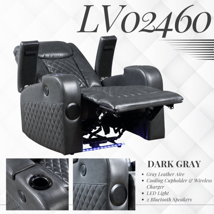 Alair Dark Gray Leather Aire Power Motion Recliner W Bluetooth, Wireless Charger & Cupholder