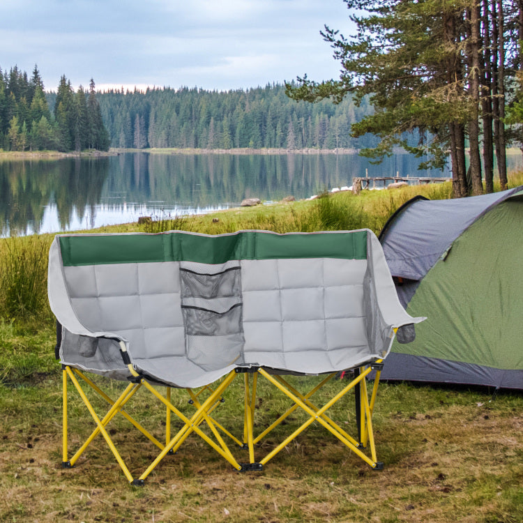Outsunny Loveseat Style Camping Chair, Oversized Folding Lawn Chair With Carry Bag & Cup Holders, For Outdoor, Beach, Picnic, Hiking, Travel, Green & Gray