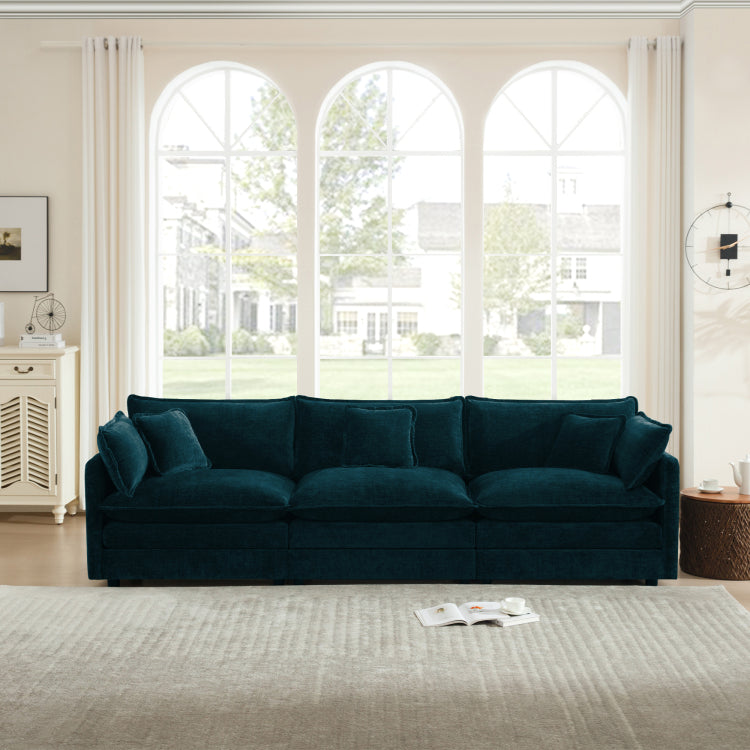 Mid Century Modern Couch 3 Seater Sofa With 2 Armrest Pillows And 3 Toss Pillows, Couch For Living Room Blue Chenille
