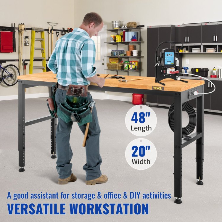 Workbench Adjustable Height, 48" L X 20" W X 38.1" H Garage Table W 28.3" 38.1" Heights & 2000 Lbs Load Capacity, With Power Outlets & Hardwood Top & Metal Frame & Foot Pads, For Office Home