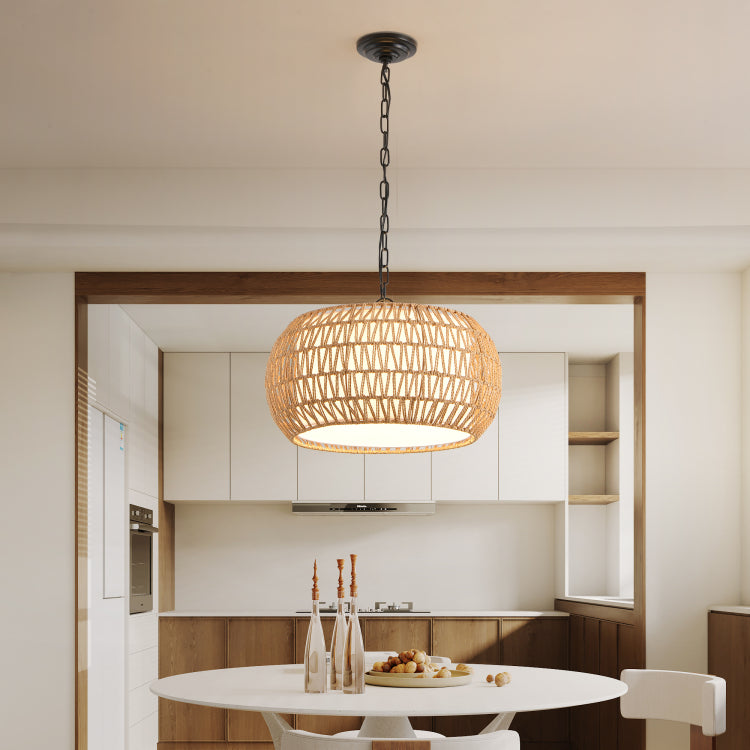 18" Farmhouse Pendant Light With Adjustable Height, Boho Woven Jute Rope Hanging Ceiling Light Fixture, E26 Base, 60W Max, Compatible With Flat, Vaulted, And Sloped Ceil Bulb Not Included