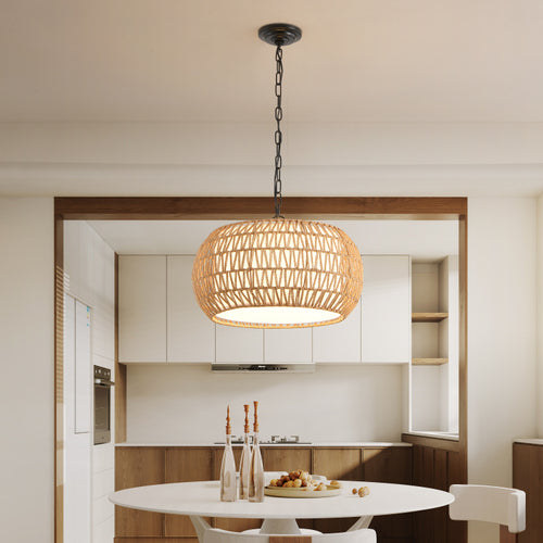 18" Farmhouse Pendant Light With Adjustable Height, Boho Woven Jute Rope Hanging Ceiling Light Fixture, E26 Base, 60W Max, Compatible With Flat, Vaulted, And Sloped Ceil Bulb Not Included