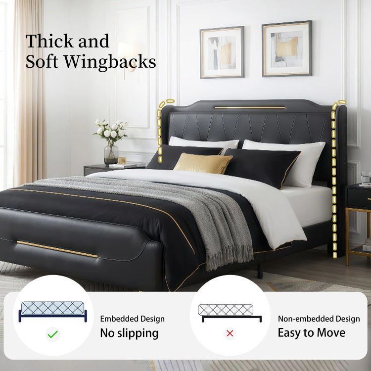 Modern Upholstered Bed Frame, Queen Size Platform Bed With Wingback Headboard, Pu Leather Upholstery, No Box Spring Needed, Noise Free, Easy Assembly, Heavy Duty Bed Frame For Bedroom,Black