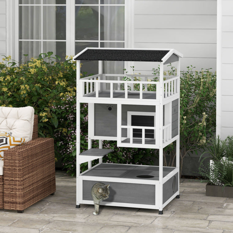 Pawhut Wooden Outdoor Cat House, Feral Cat Shelter Kitten Condo With Asphalt Roof, Escape Doors, Condo, Jumping Platform, Light Gray