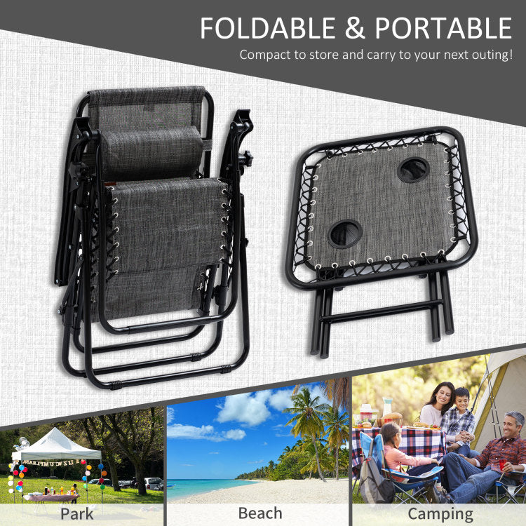 Outsunny Zero Gravity Chair Set With Side Table, Folding Reclining Chair With Cupholders & Pillows, Adjustable Lounge Chair For Pool, Backyard, Lawn, Beach, Gray