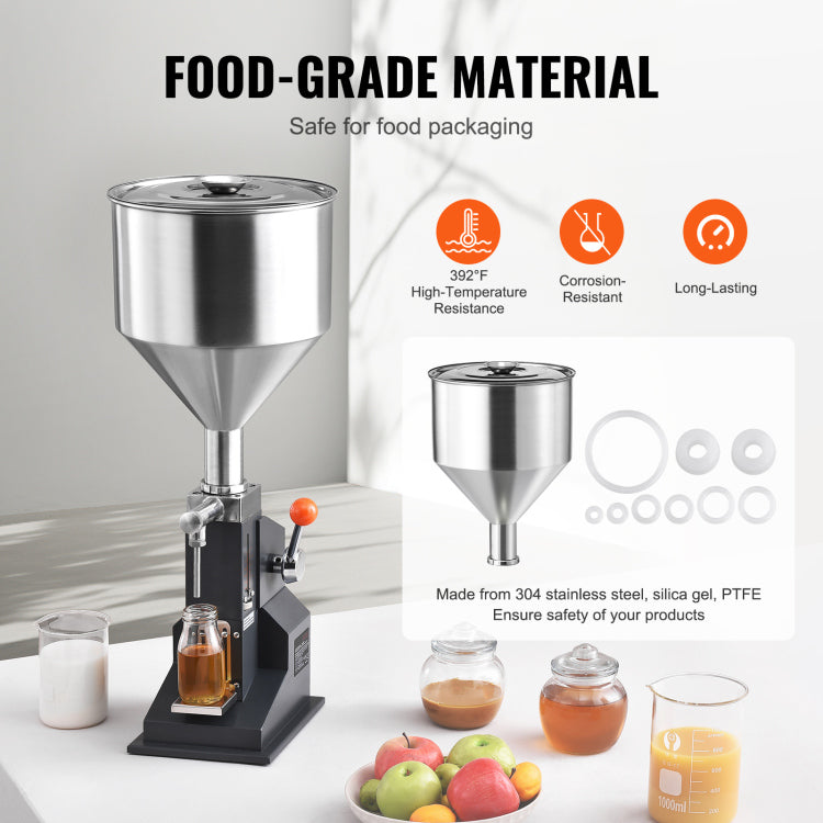 Manual Paste Liquid Filling Machine, 5 100Ml Bottle Filler, Adjustable Bottle Filling Machine, Stainless Steel Liquid Filler With Hopper For Milk Water Juice Essential Oil Shampoo Cosmetic Honey