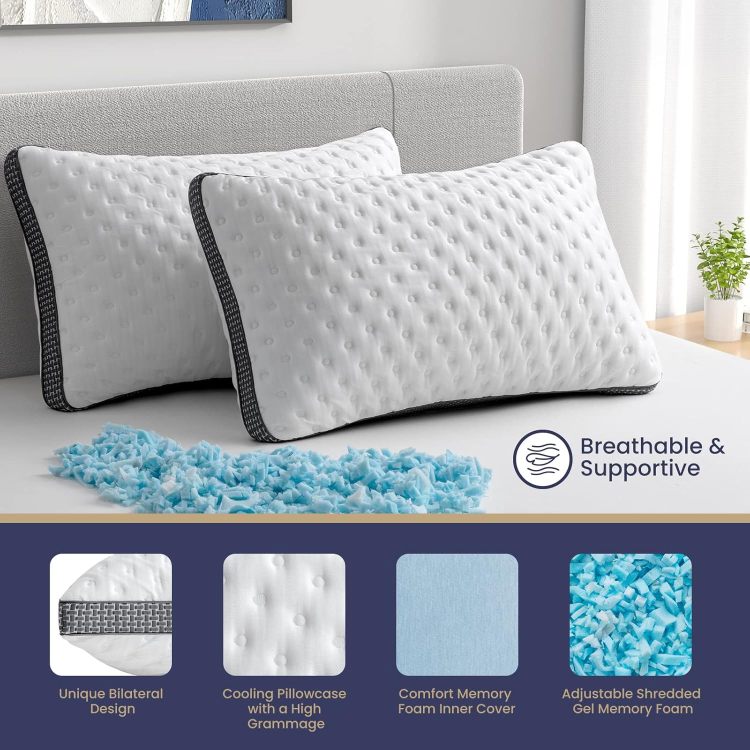 Cooling Pillow Queen Size Set Of 2, Cooling Gel Memory Foam Bed Pillow, Medium Firm Pillow For Sleeping, Cooling & Smooth Washable Cover, Certipur Us Certified