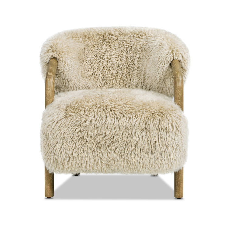 Becker 33" Rustic Oak Sheepskin Upholstered Accent Arm Chair, Taupe Beige Genuine Fur