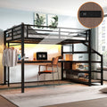Queen Loft Bed With Desk And Storage Stairs, Metal Loft Beds With Led Lights, Usb Ports, Multifunctional Iron Nets, No Spring Box Needed And Noise Free, Black