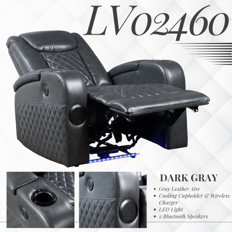 Alair Dark Gray Leather Aire Power Motion Recliner W Bluetooth, Wireless Charger & Cupholder