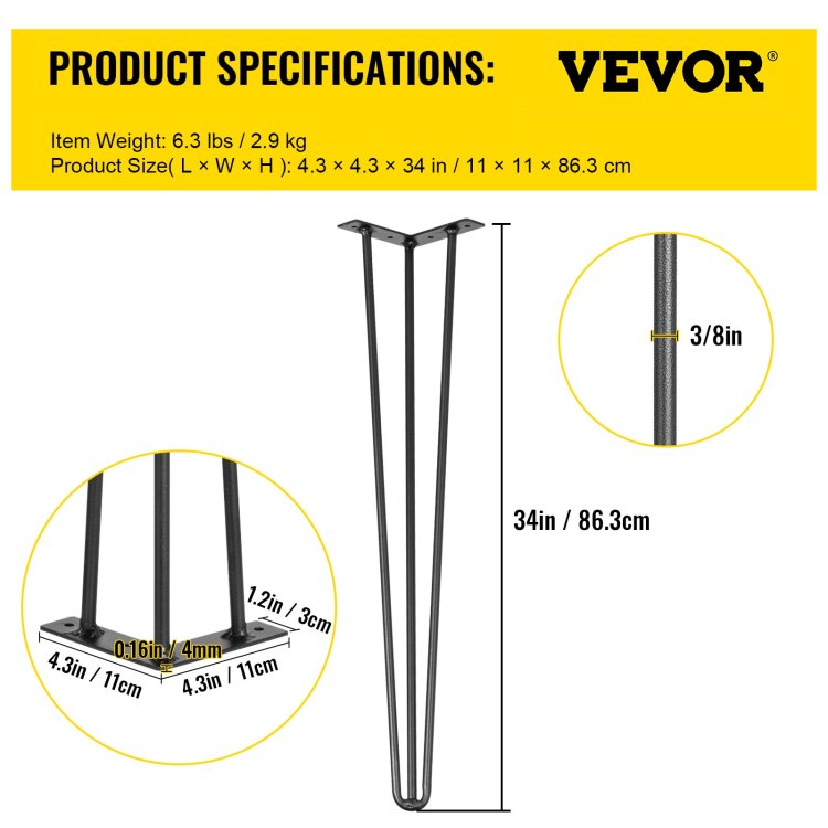 Hairpin Table Legs 34" Black Set Of 4 Desk Legs 880Lbs Load Capacity Each 220Lbs Hairpin Desk Legs 3 Rods For Bench Desk Dining End Table Chairs Carbon Steel Diy Heavy Duty Furniture Legs