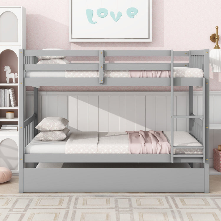 Twin Over Twin Rubber Wood Bunk Bed With Trundle, Convertible Into Twin Size Beds, Twin Size Bunk Bed With Ladder And Safety Guardrails,Grey