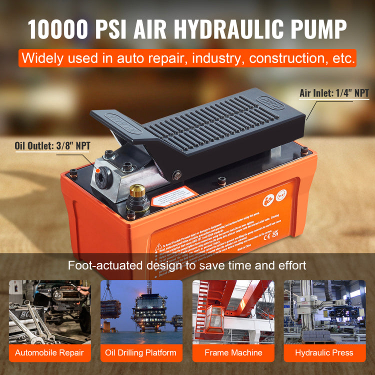 Air Hydraulic Pump, 10,000 Psi 1 2 Gal Reservoir, Npt 3 8" Oil Outlet, Npt 1 4" Inlet, 6.6 Ft Pipe, Foot Actuated Hydraulic Pump Air Treadle For Auto Body Frame Machines And Pulling Post, Orange