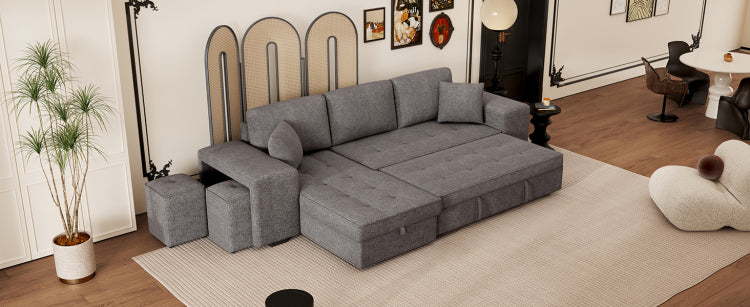 104.5" Modern L Shape 3 Seat Reversible Sectional Couch, Pull Out Sleeper Sofa With Storage Chaise And 2 Stools For Living Room Furniture Set,Knox Charcoal Old Sku:Sg000431Aaa